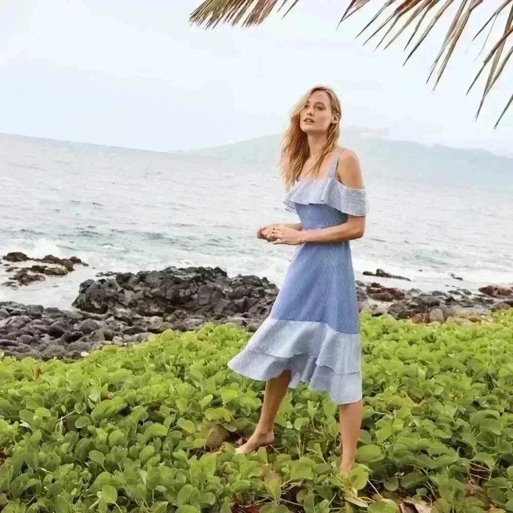 SOLD⚫️NWT J CREW Striped Cold-Shoulder Silk Dress Size 14 $188 Blue Ruffle Lined